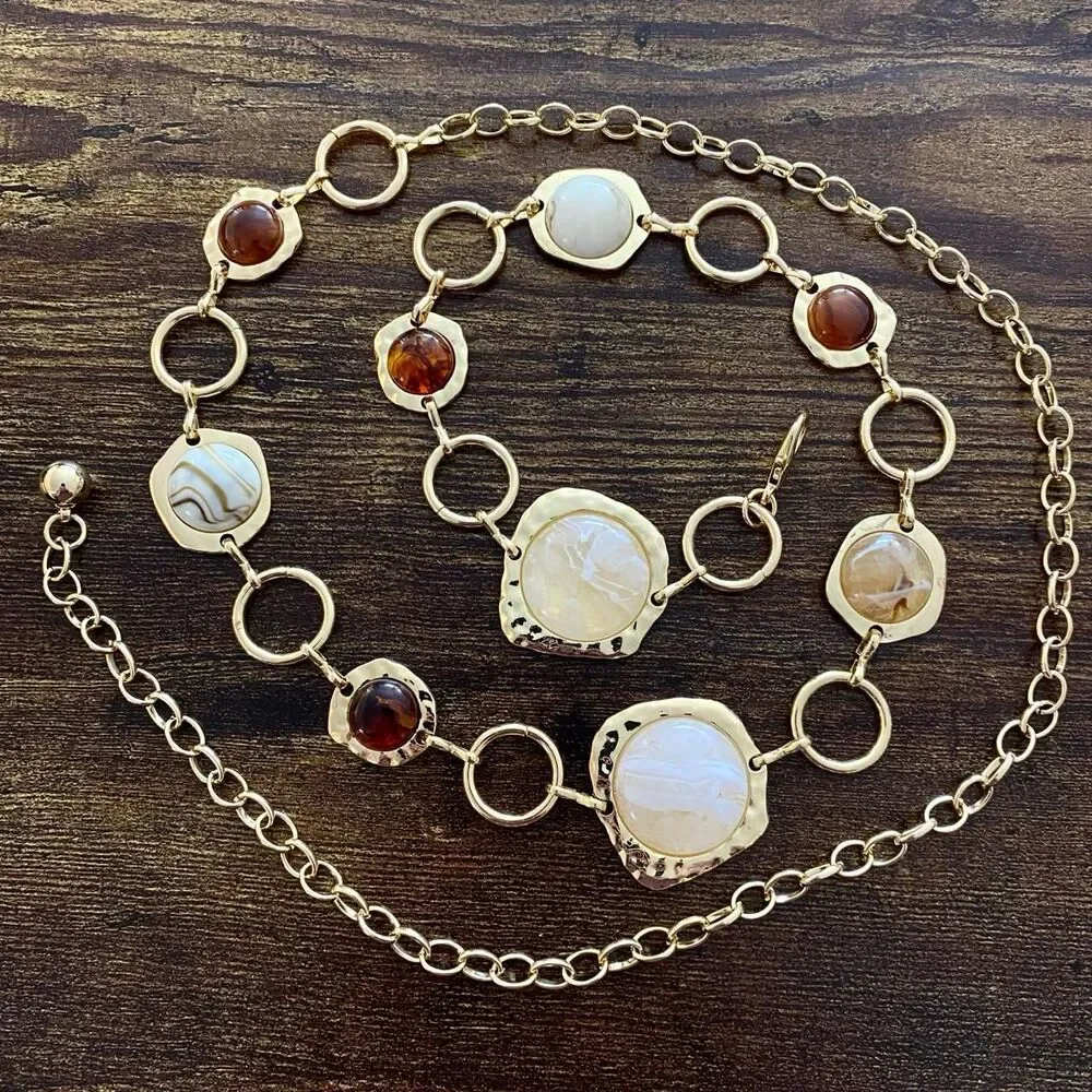 Gold Y2K Marbled Stone Open Ring Waist Chain Belt, Fits 24.5-43 Inches, X7GA1296
